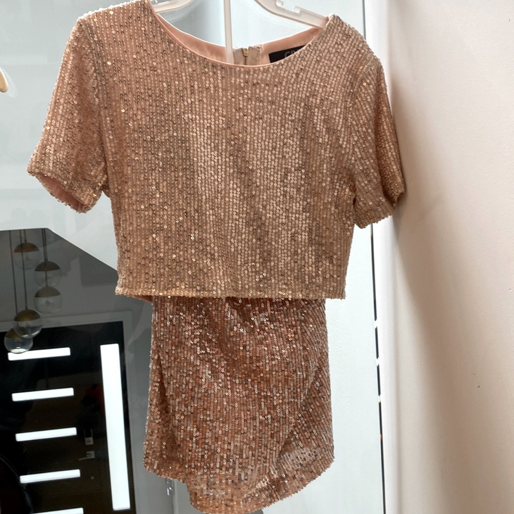 Pink sequin shirt, and mini skirt, size medium